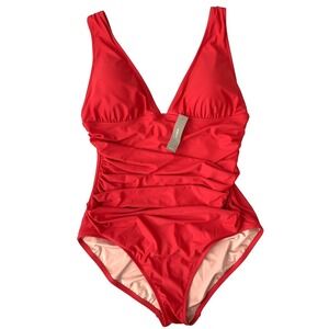 NWT J. Crew Ruched Plunge One-Piece Swimsuit Red Women's 14 NEW #BC116